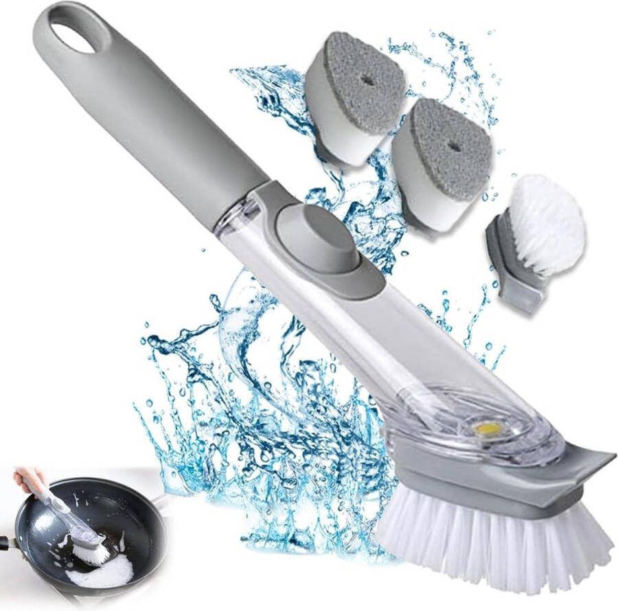 Multifunctionele Reinigingsborstel met Zeepdispenser Afwasborstel met Handvat en 4 Reservekoppen Voor Servies Potten Gootsteen Afwasborstel
