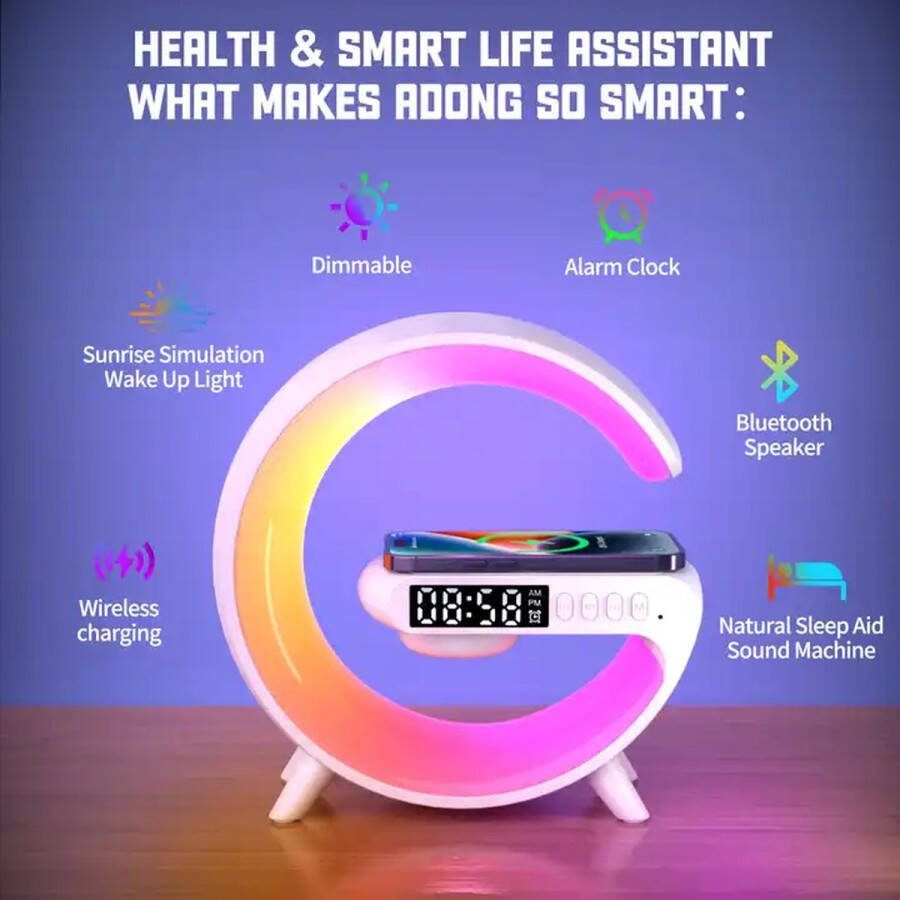 Multifunctionele Wake-up light Mini G-Lamp Draadloos Opladen Speaker Rgb Licht Led Wekker Display SD kaart input IPhone Samsung Met Draadloze Oplader Digitale Wekker Lichtwekker Bureaulamp LED Light Bluetooth Speaker-Verjaardag-Cadeau