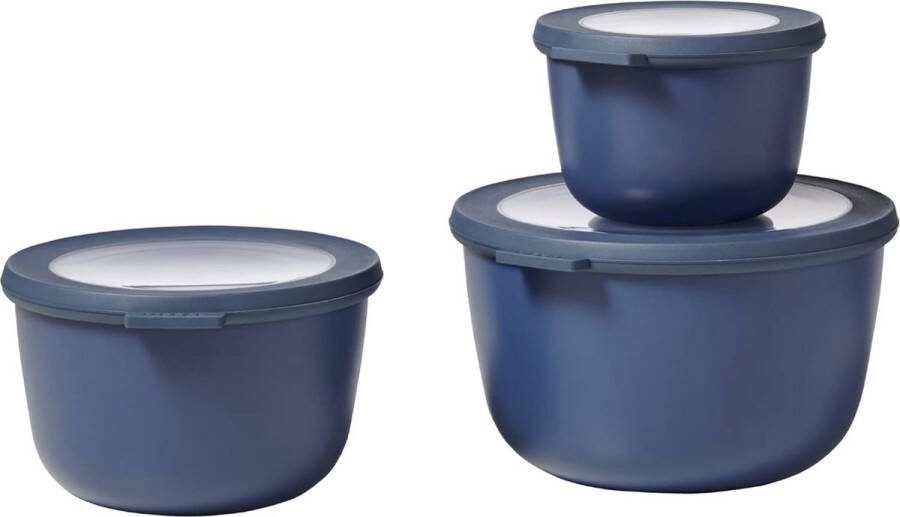 Multikommenset 3-delig rond Nordic Denim 500 1000 en 2000 ml te gebruiken als voorraaddoos koelkastdoos vriesdoos magnetronservies en serveerschaal met deksel