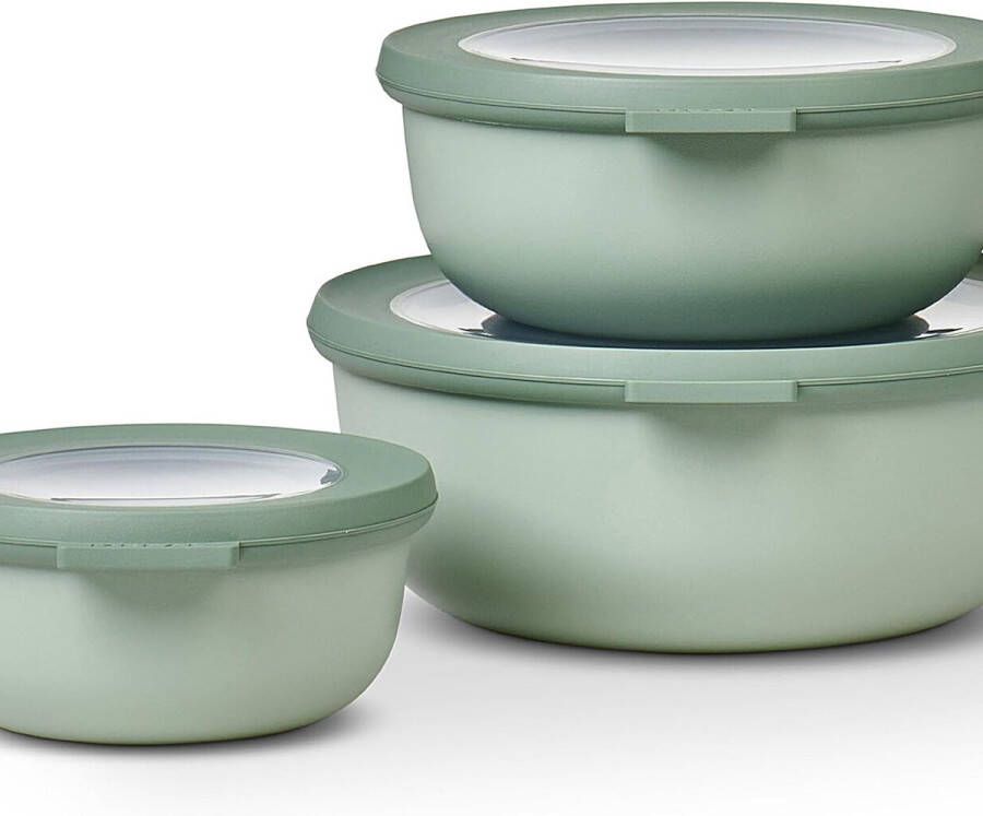 Multikommenset 3-delig rond Nordic sage – 350 750 en 1250 ml – te gebruiken als voorraaddoos koelkastdoos vriesdoos magnetronservies en serveerschaal met deksel