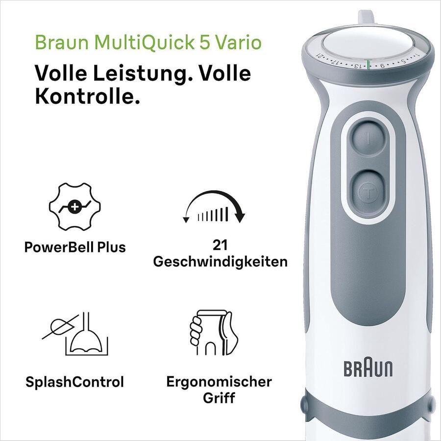 MultiQuick 5 Vario staafmixer met roestvrijstalen mengbasis 1000 watt incl. meng- en maatbeker van 600 ml wit-grijs krachtige staafmixer