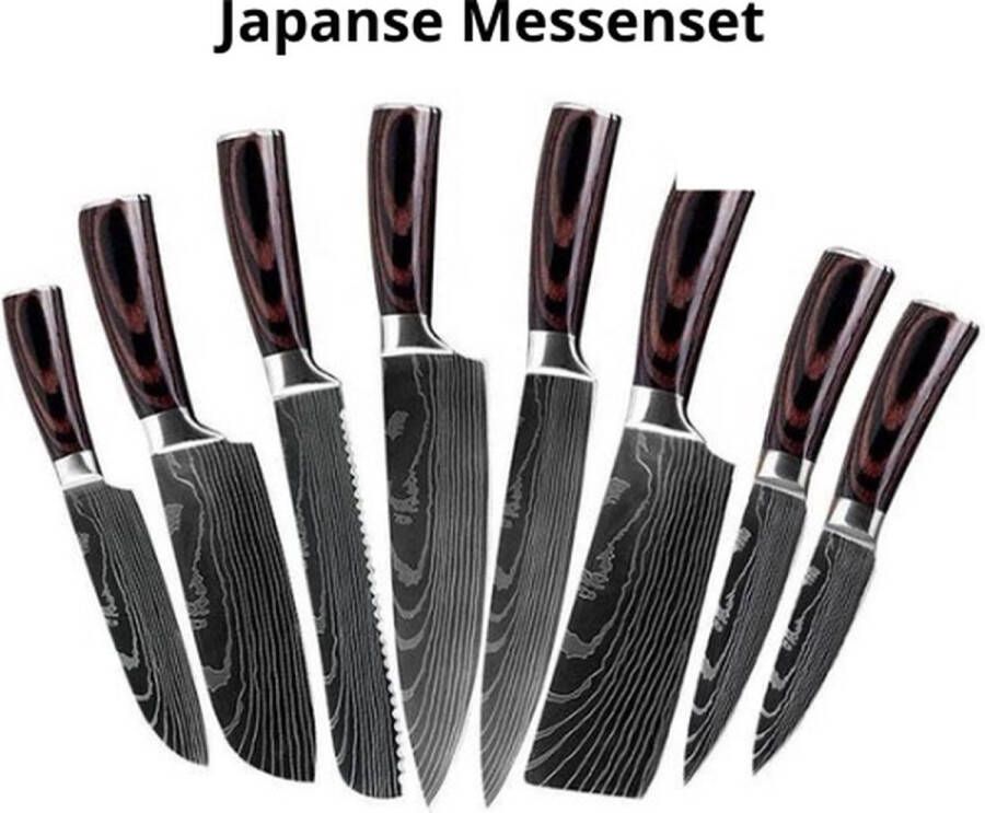 Multis Messenset Koksmessen Japanse Messenset Damascus Staal RVS Santoku 8 stuks