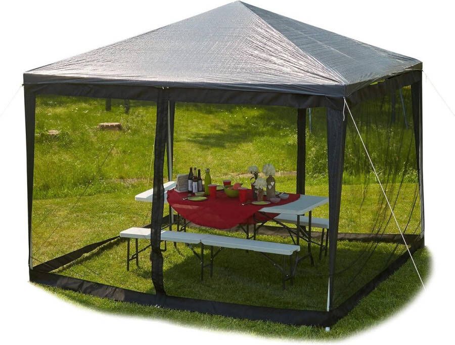 Muskietennet voor partytent 3 x 3 m 2 zijkanten met ritssluiting Klittenband 12 m XL muggengaas zwart