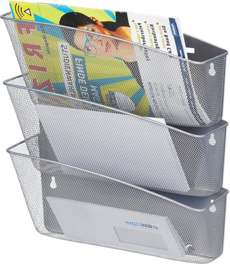 Muur Tijdschriftenrek Set van 3 Flyers Brieven Magazines Modern Design 39x36x12 cm Zilver Metaal