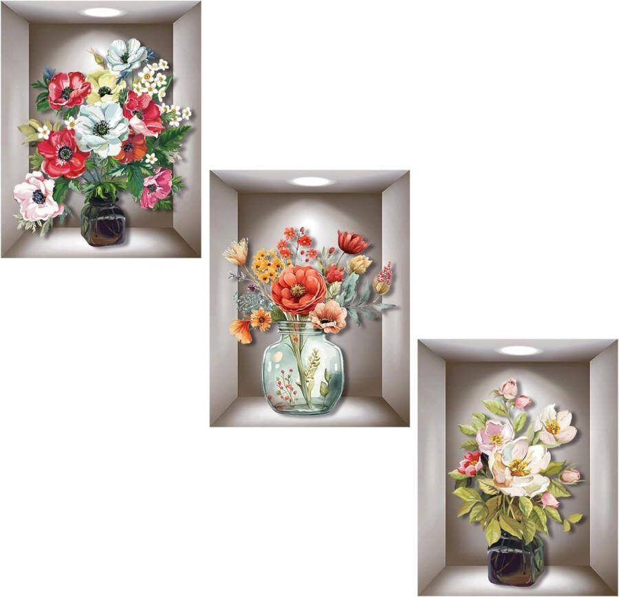 Muursticker 3 stuks 3D vaas muurstickers vazen muursticker voor woonkamer muursticker vaas muursticker vaas muursticker plant voor woonkamer slaapkamer badkamer keuken en andere gebieden