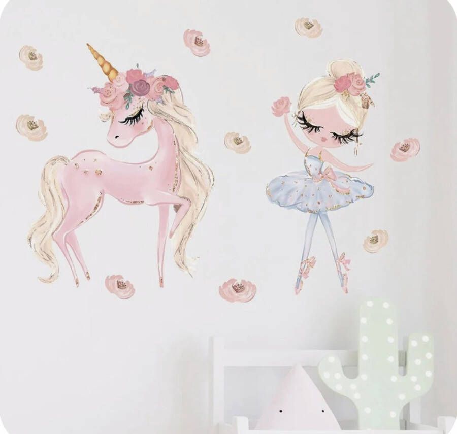 Muursticker Pink Unicorn Ballet Girl Roze Eenhoorn Ballet Meisje Kinderkamer