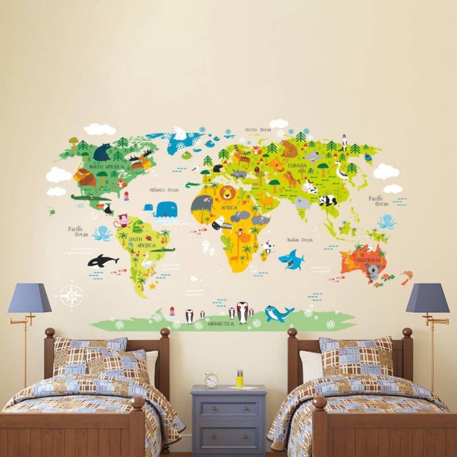 Muurstickers Wanddecoratie Wereldkaart Kinderen 70 x 100 cm cartoon dieren Waterdichte stickers