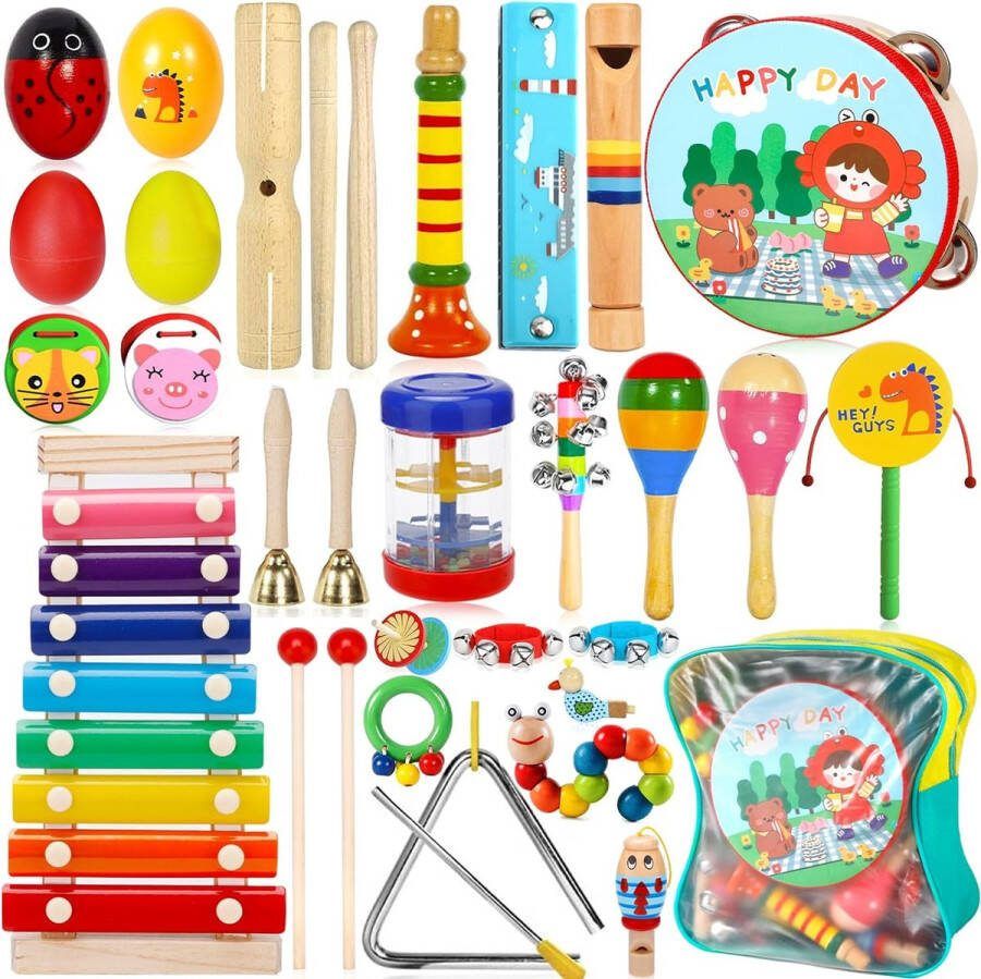 Muziekinstrumenten 33 Stuks Muziekinstrumenten voor kinderen Percussie-instrument voor kinderen Muziekspeelgoed Hout van het kind met xylofoon Speelgoed met transporttas Verjaardagscadeau