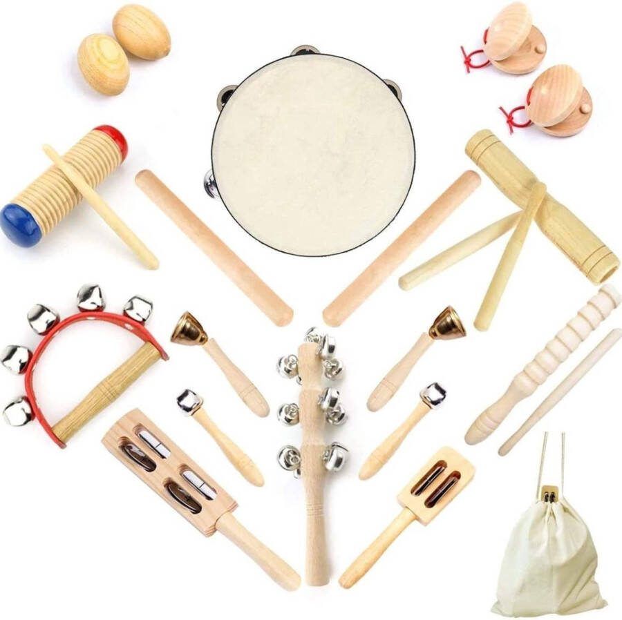 Muziekinstrumenten Houten Percussie Instrumenten -Baby Kinderen Peuters Kinderen 23 Stuks Puur Hout Speelgoed Set Premium Percussie-Ritme Kit Katoenen Tas Verpakt