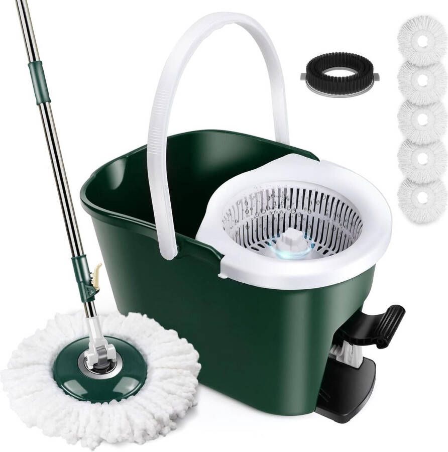 Myiosus Dweilmop Set met Emmer Mop and Bucket Set met 128 cm Roestvrij Staal Telescoopsteel en Voetpedaal Dweilsysteem voor Vloerreiniging met 5 Dweilkoppen en 1 Borstelkop