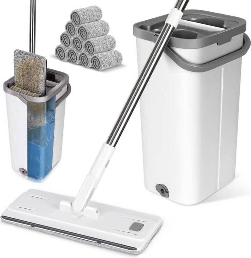 Myiosus Mop and Bucket Set Poetsemmer met Dweil Floor Mop met Uitwringfunctie 10 Microvezel Wisserpads Inbegrepen Wisserset voor Hardhouten Tegels Marmer Laminaat