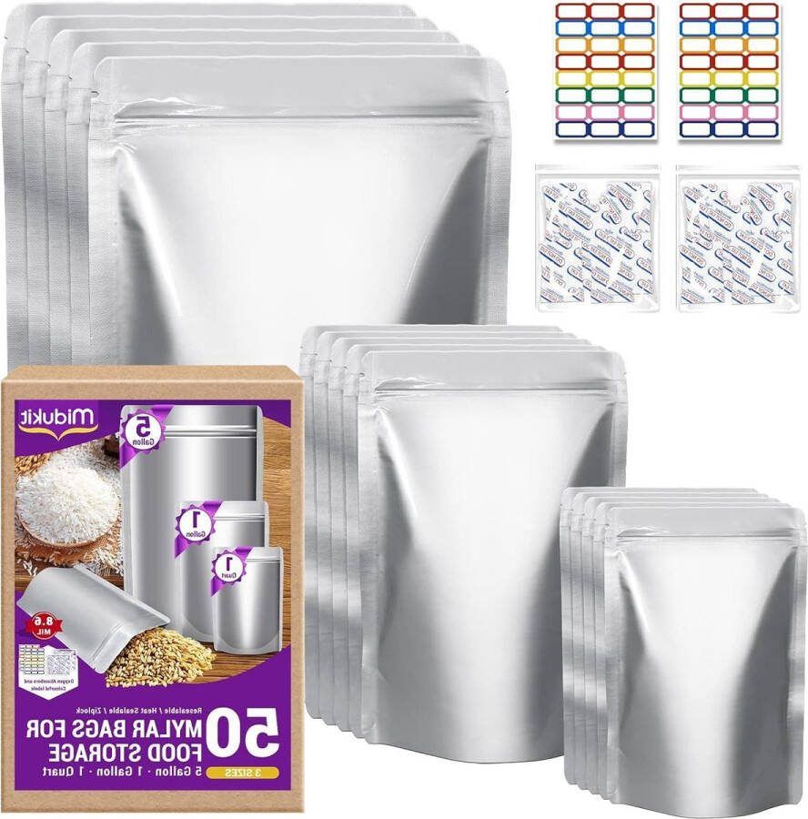 Mylar zakken voor voedselopslag 5 gallon 17x28 1 gallon 10x14 1 kwart 6x8 86Mil met zuurstofabsorberende 23000cc etiketten warmteafdichtbare hersluitbare ritssluiting lange termijn opslag 23000cc 50 stuks