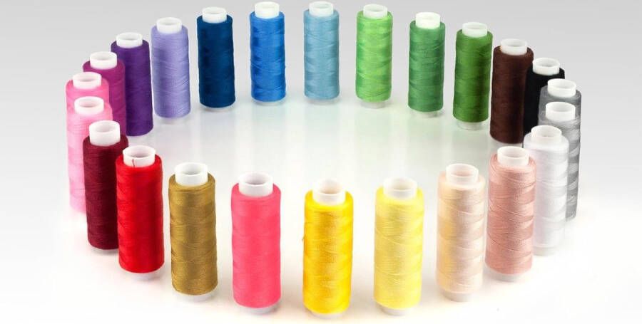 Naaigarenset: 24 rollen naaigaren voor de naaimachine in verschillende trendy en standaardkleuren; van 100% polyester; lengte: 180 m per stuk