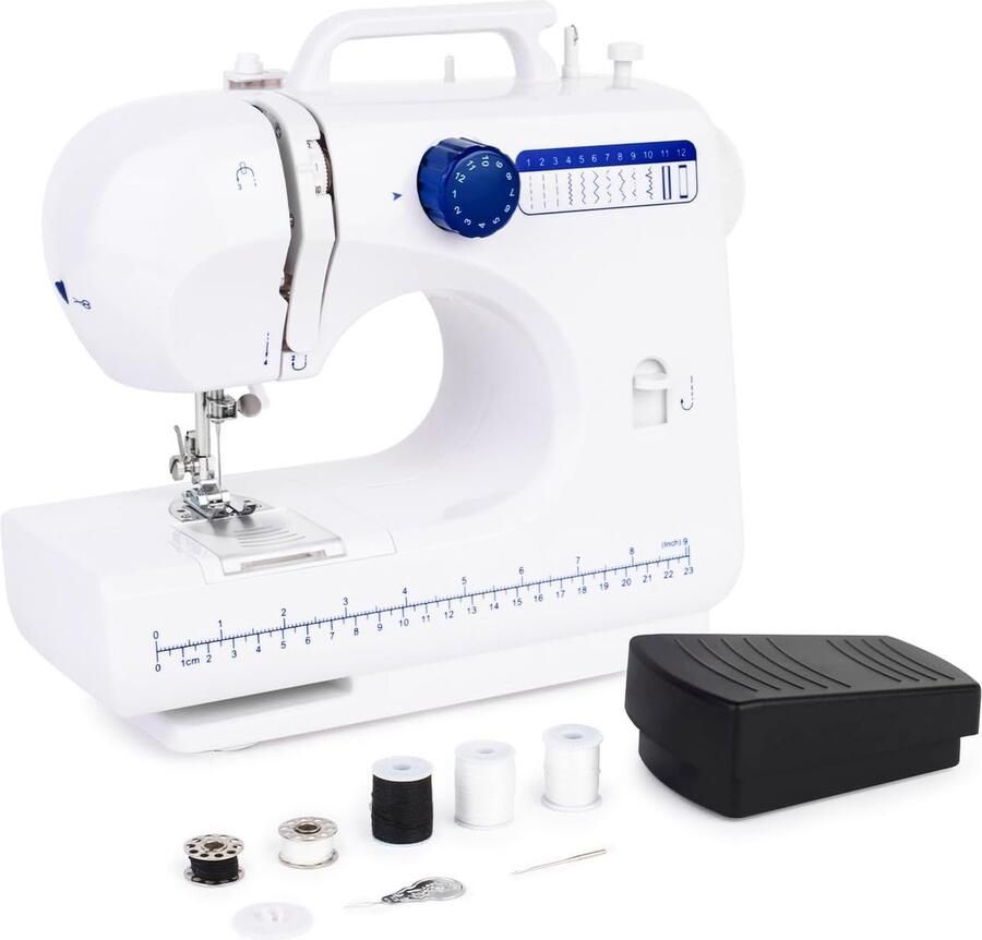 Naaimachine 12 Steeks Elektronische Naaimachine SW45 Wit Naaien voor Beginners en Hobbyisten Draagbaar Multifunctioneel 2 Snelheden Instelbaar Hand- of Voetpedaal LED Licht 30x26x11 cm