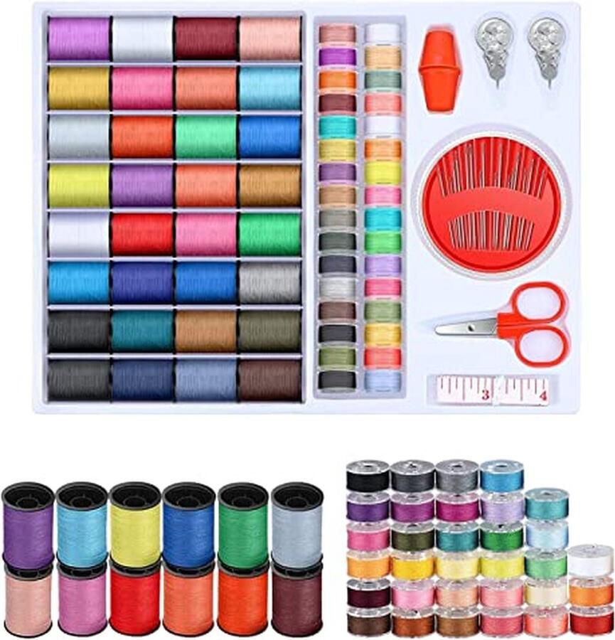 Naaiset basisuitrusting naai-accessoireset met 64 naaigereedschap doe-het-zelf naaigaren met 32 garenrollen naaigaren naainaalden schaar draad meetlint voor volwassenen beginners reizen en