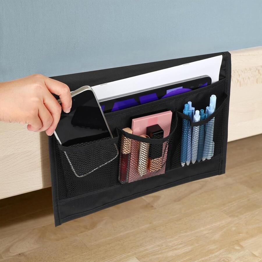 Nachtkastje Opbergtas 4 zakken bedcaddy Oxford-doek nachtkastorganizer bank nachtkastje hanghouder bedplank zakje voor bril boeken tablets tv-afstandsbediening (4 zakken zwart)