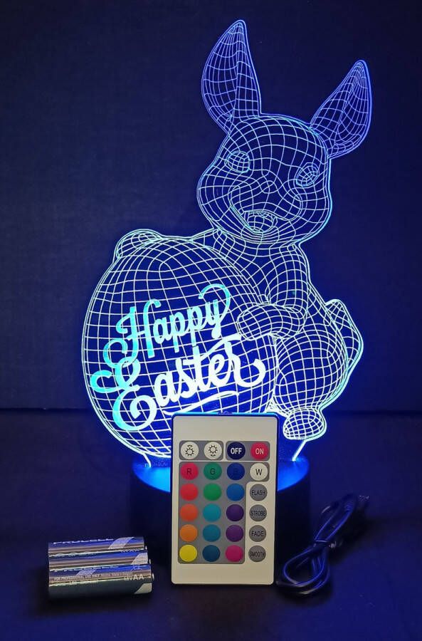 Nachtlamp 'Happy Easter' LED lamp 3D Illusion 7 kleuren en 4 effecten vrolijk pasen