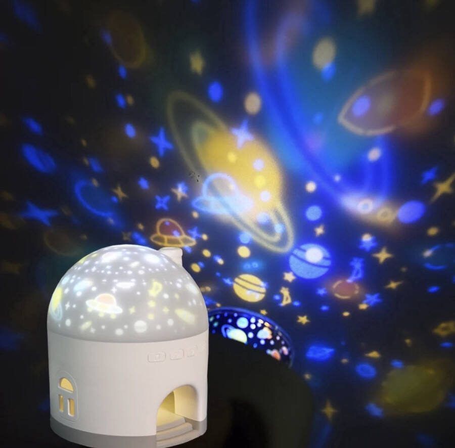 Nachtlamp Kinderen Baby LED Oplaadbaar met 6 dia thema`s Projector op muren Draadloos Sterren projector Kinderlamp Muziekdoos Sterrenlamp Unicorn Planeten 3in1 Sinterklaas Kerst Bed lamp