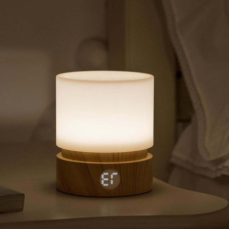 Nachtlamp Tafellamp LED Lamp Houtnerf Warm Licht Oplaadbaar Dimbaar Snoerloos Slaaphulp Timing Uit Werkt op batterijen
