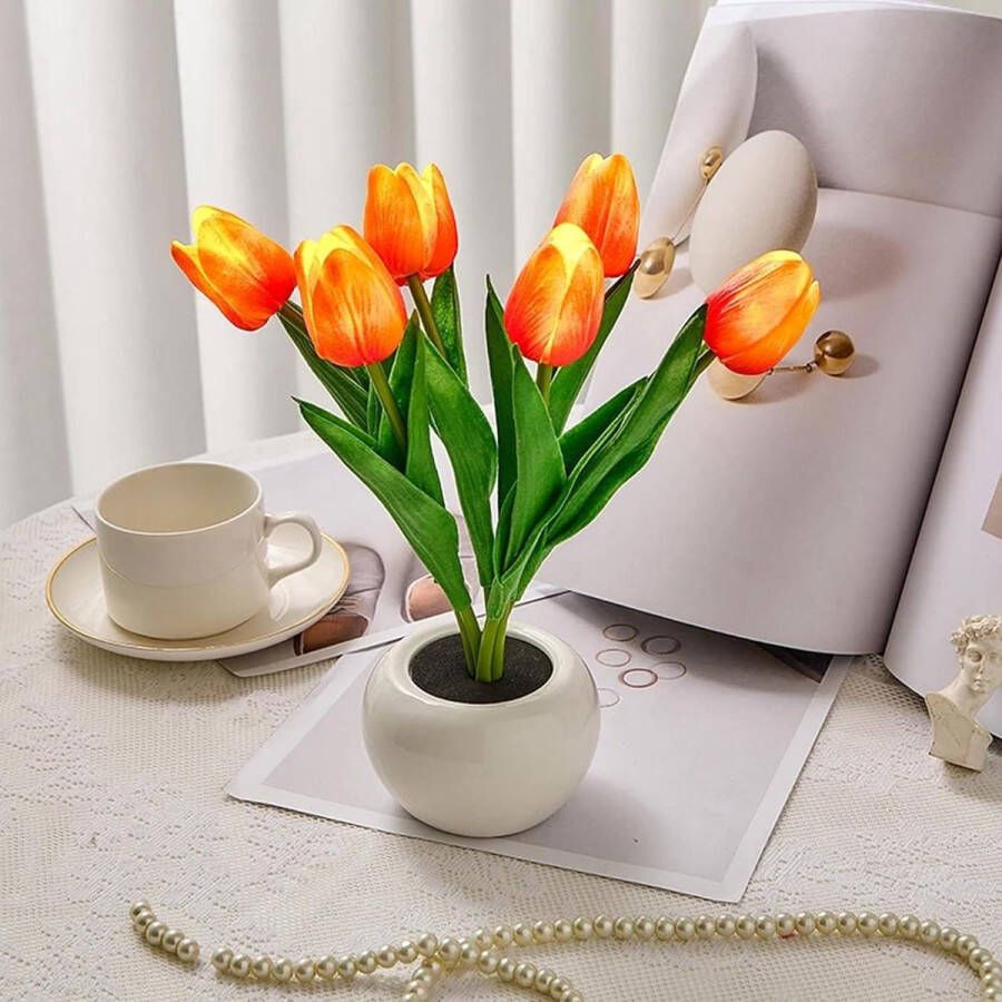 Nachtlampje keramische vaas simulatie tulp led-verlichting tafellamp huis woonkamer decoratie vrienden cadeaus (oranje)