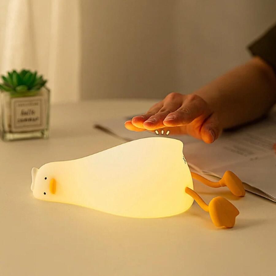 Nachtlampje liggende eend warmwit licht dimbaar- oplaadbaar 3 standen kinderlamp nachtlamp telefoonhouder led lamp siliconen tafellamp verlichting kinderkamer
