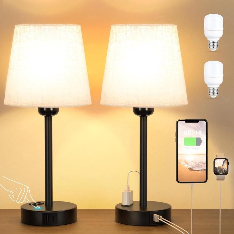 Nachtlampje touch-dimbaar set van 2 tafellamp met oplaadfunctie USB A+C-aansluitingen stopcontacten 2 led-lampen linnen lampenkap kleine lamp voor slaapkamer woonkamer babykamer [Energieklasse F]