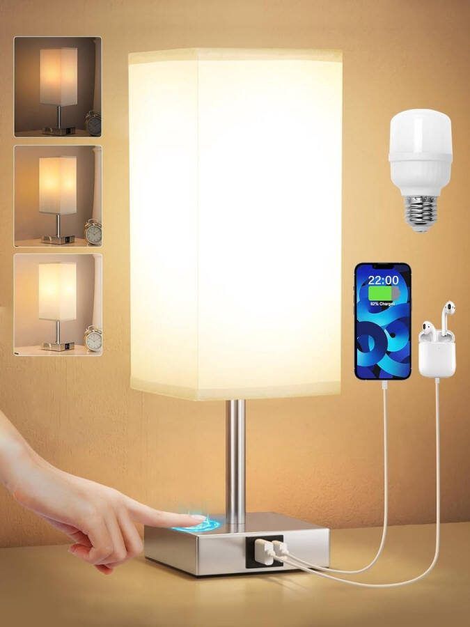 Nachtlampje touch-dimbaar tafellamp met oplaadfunctie USB A+C-aansluitingen inclusief led-lamp grijze lampenkap moderne kleine lamp voor slaapkamer woonkamer babykamer kantoor [Energieklasse F]