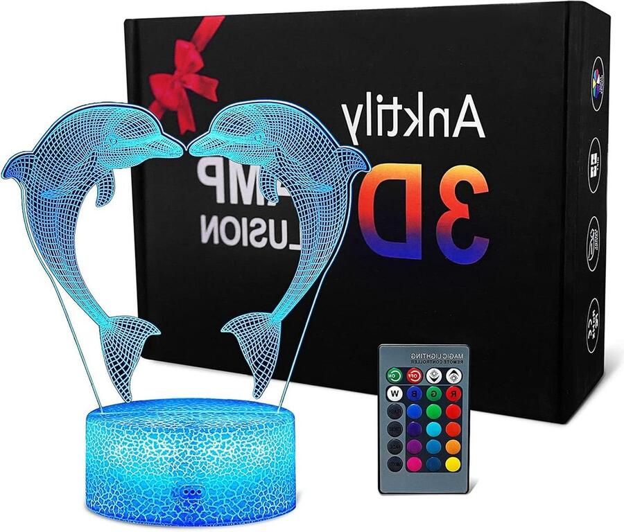 Nachtlampje voor Kinderen Jongens 3D Bruinvis Optische Illusie Licht Nachtkastje Lamp met 16 Kleuren en Afstandsbediening Verjaardagscadeautjes voor Kinderen en Volwassenen Nachtlampje volwassenen