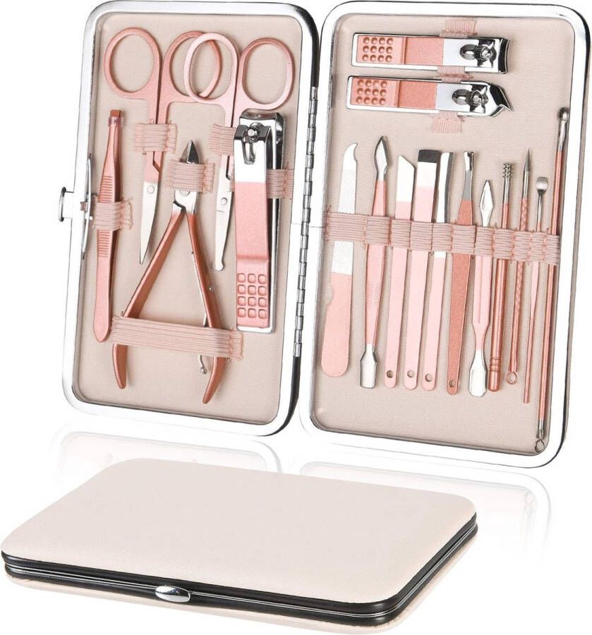 Nagelknipperset 18-delige manicure pedicureset roestvrijstalen nagelknipper voor dames professionele schoonheid nagelverzorgingsset voor thuis op reis (rosé goud)