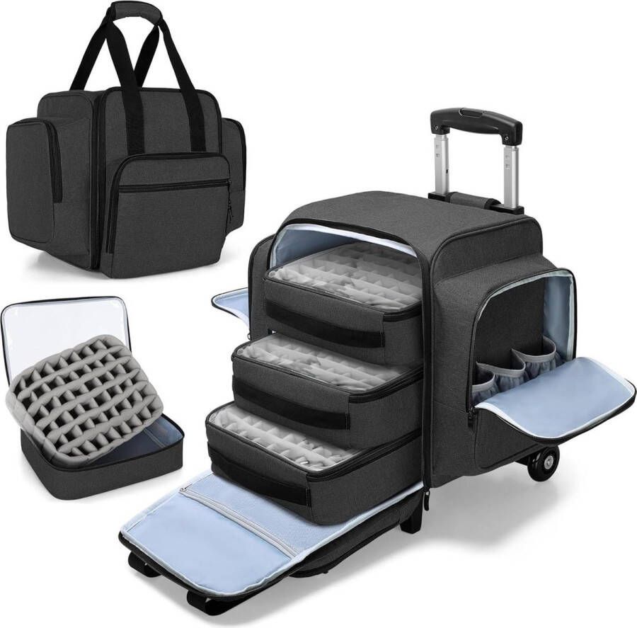 Nagellak koffer Rolling Nail Polish Organizer 144 Flessen Afneembare Dolly 3 Verwijderbare Cases Zwart Nagellak koffer