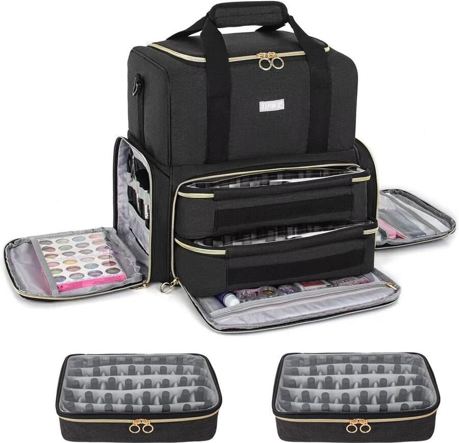 Nagellak-opbergtas voor 80 flessen en een nagellamp grote nagellak-organizer met 2 afneembare vakken nagellakkoffer voor nageltechnici nagellakhouder voor nagelaccessoires