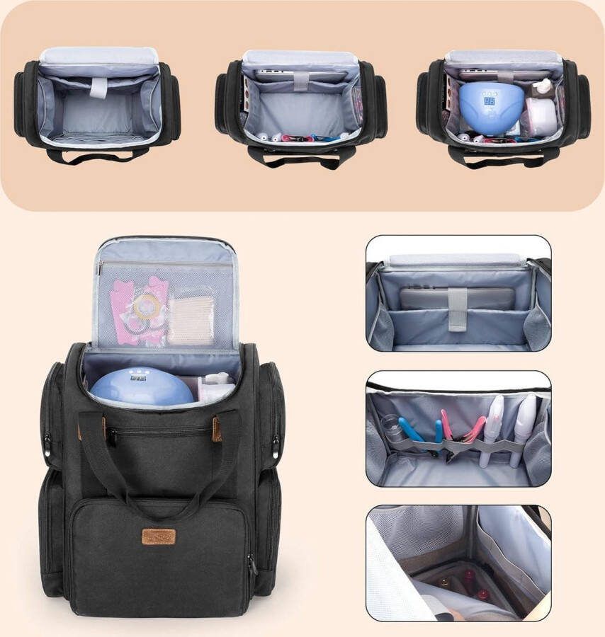 Nagellak Organizer Rugzak 70 flessen Nagellamp 2 zakjes Laptophoes Zwart Modern Design nagellak koffer