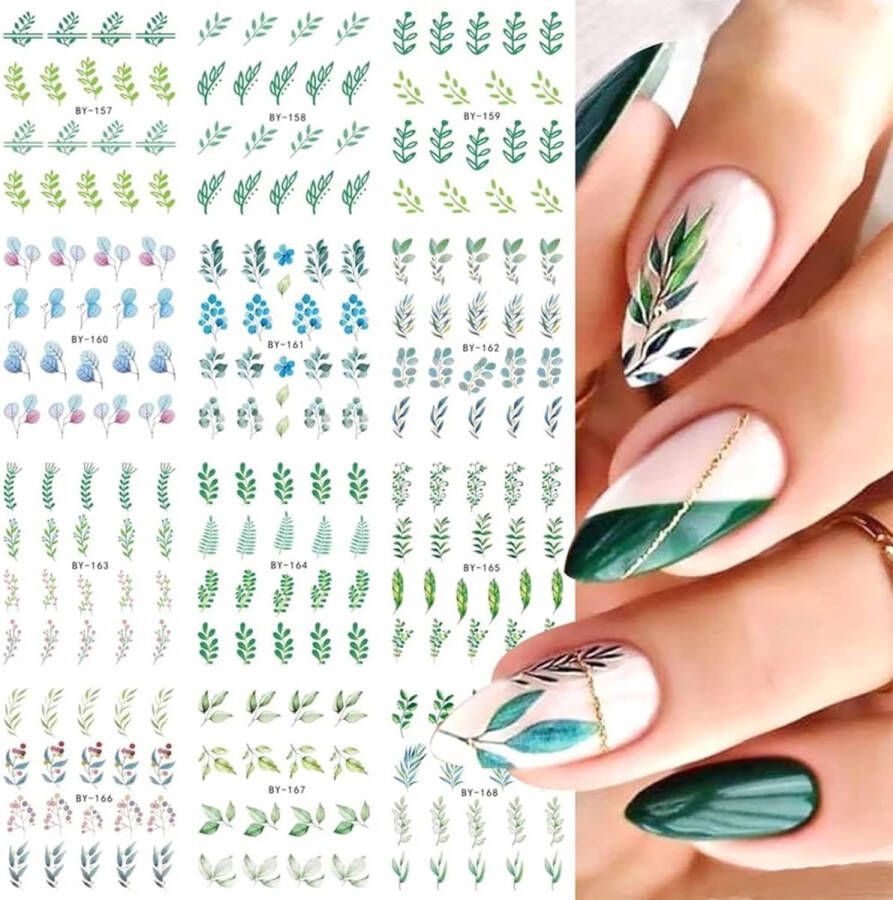 Nagelstickers 12 vellen groene bladeren geschikte nail art stickers voor vrouwen groene bladstickers watertransferdesigns voor nagelkunst doe-het-zelf nagelstudio