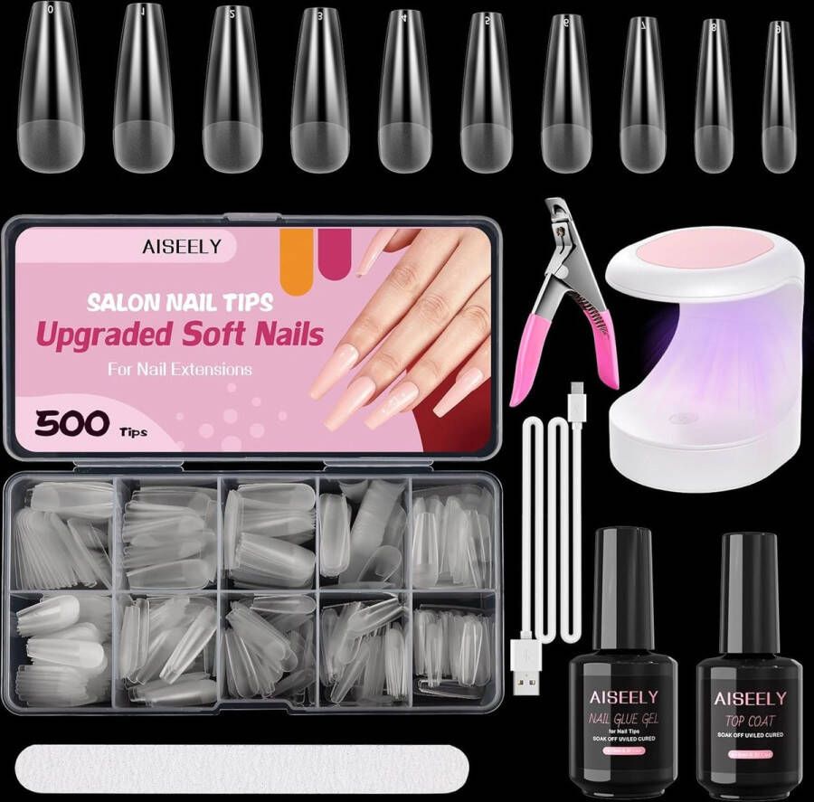 Nageltipset met UV LED Lamp en Nagellijm Gel 500 Stuks Onbreekbare Nageltips voor DIY Manicure Inclusief Toplaag Nagelvijl Acryl Nagelknipper Ideaal voor Thuisgebruik