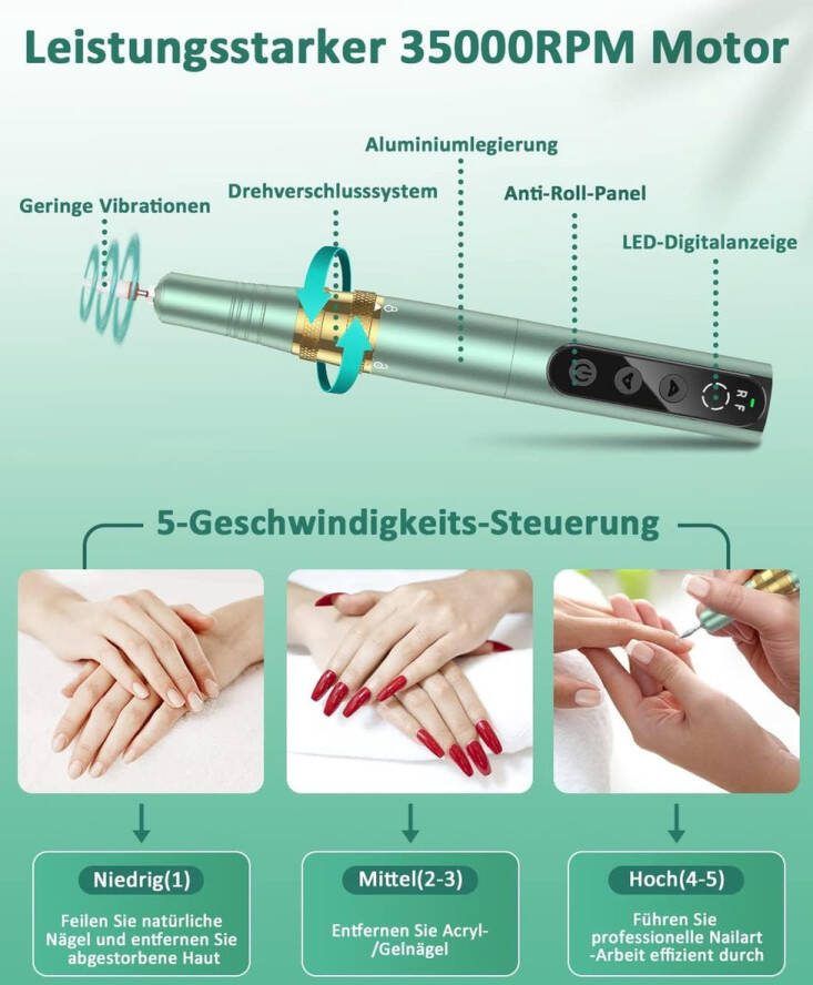 Nagelvijl voor Acryl- Gel- en Natuurlijke Nagels 35 000 rpm