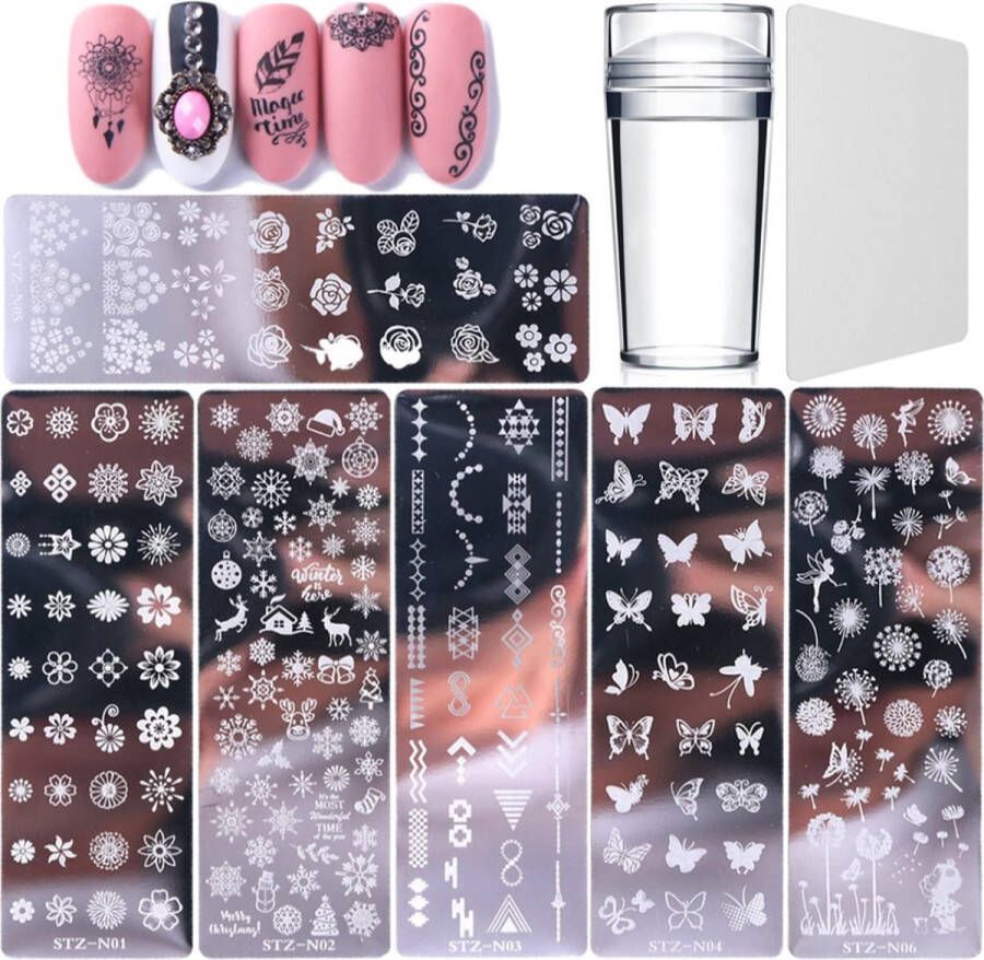 Nail Art platen 6 stuks sjablonen om nail-art op nagels te stempelen met 1 x transparante stempel 1 x schraper nail-art tool voor vrouwen en meisjes