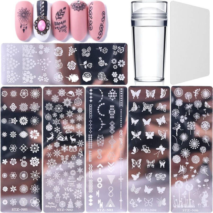 Nail Art platen 6 stuks sjablonen om nail-art op nagels te stempelen met 1 x transparante stempel 1 x schraper nail-art tool voor vrouwen en meisjes