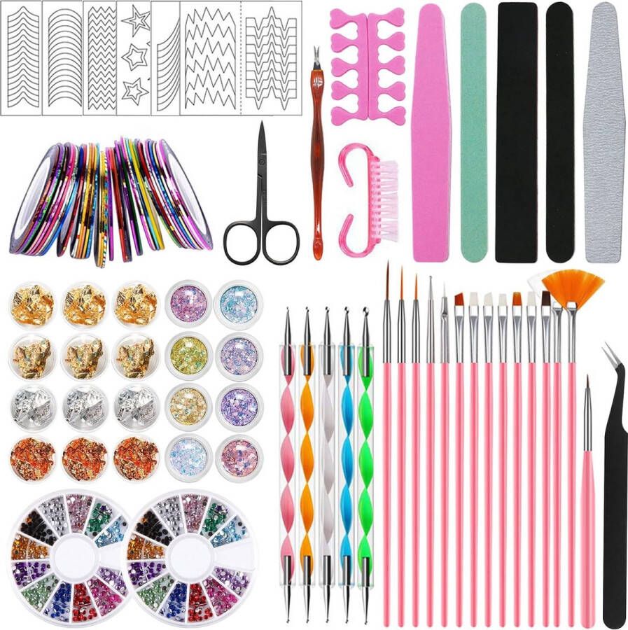 Nail Art Set Nail Art Decoratie Kit bevat 15 stuks Nail Art Kwasten 12 Potjes Foliestickers 30 Manicuretapes en 2 Sets Nail Art Strassstenen enz DIY Manicure Decoratie Kit Nail Art Tool Sets