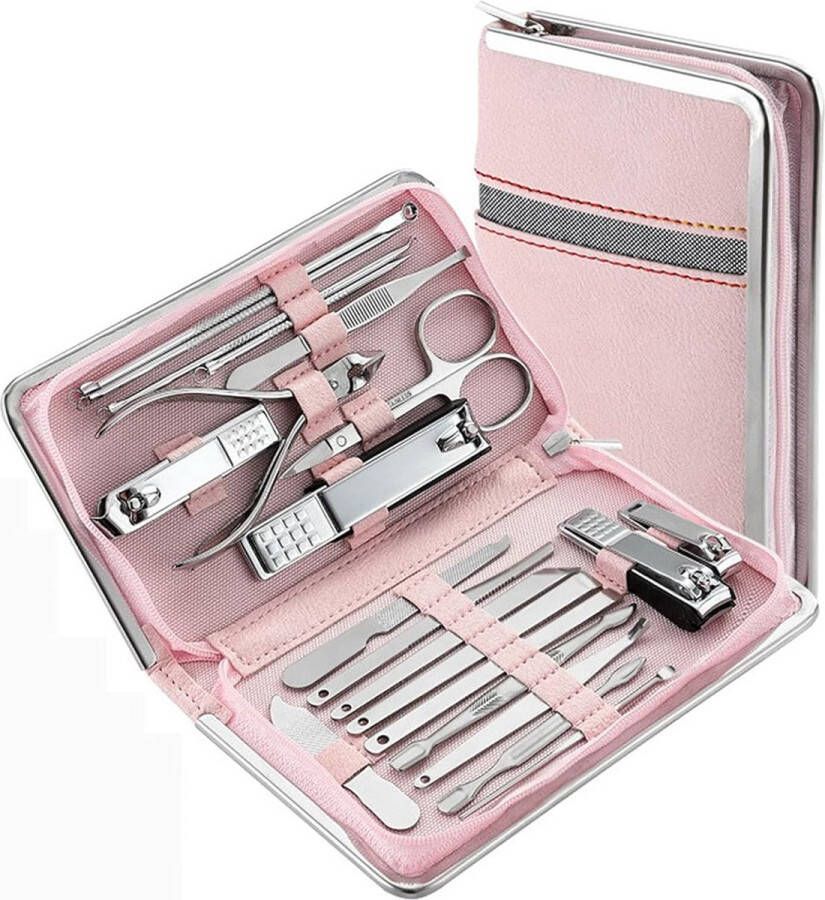 Nail Clippers Kit 21-delige manicureset voor vrouwen professionele nagelsnijder roestvrij staal pu lederen hoes voor op reis naar huis (roze)