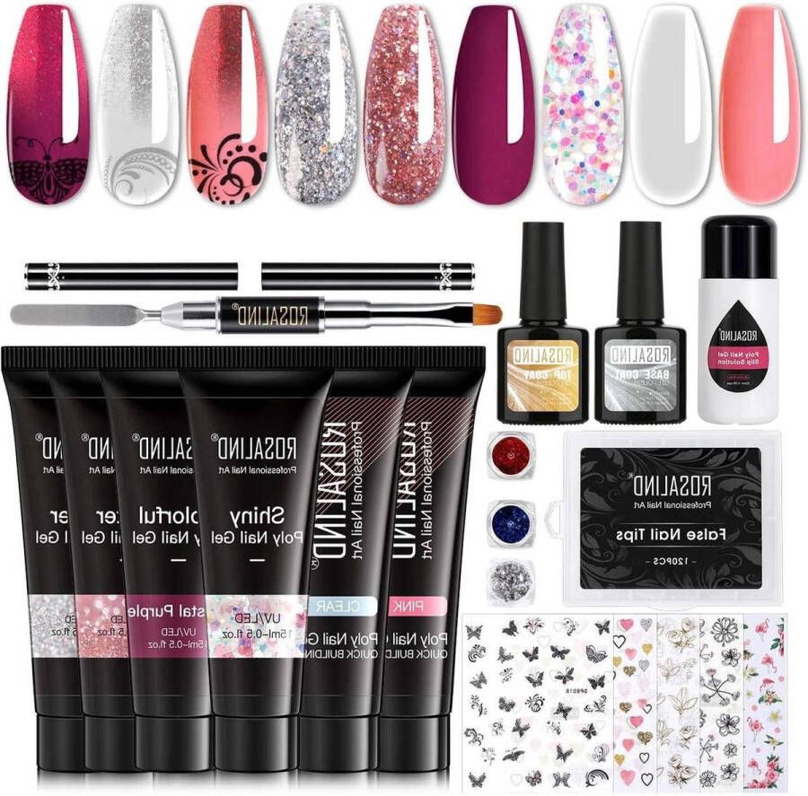 Nail Polish Kit Pink Clear Red Glitter Color 15ml Poly Gel Set Base Layer Top Layer Flane Nail Tip Nail Clip Nail Sticker Manicure Tools UV Nail Extension Gel