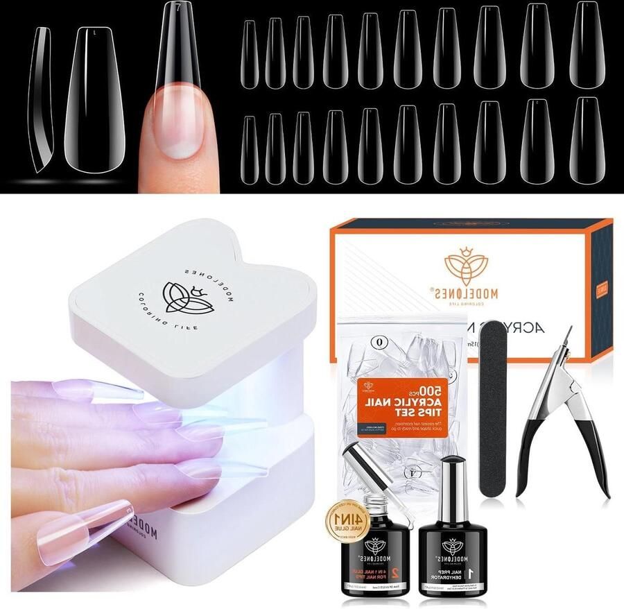 Nail Tips Starter Set 500 stuks Adhesive Gel met Draagbare UV LED Lamp Coffin Nail Extension Kit met Soft Gel Gift Set