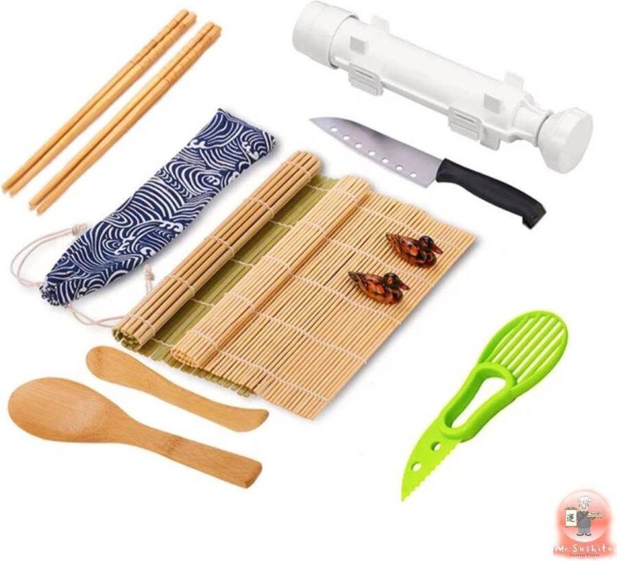 Natural White Bazooka set Sushi set Incl. 2 paar Mr. Sushito Sticks Sushi maker Sushi Go Bamboo Rol Milieuvriendelijk