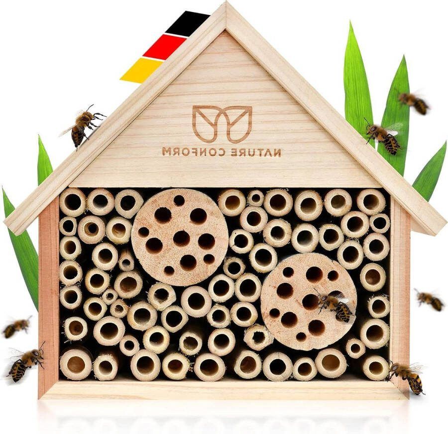 Natuurlijk houten bijenhotel met schone afwerking en bamboebuisjes Nesthulp voor wilde bijen in tuin en balkon