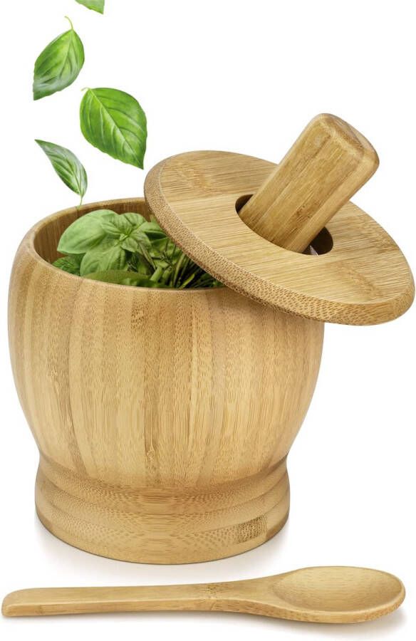 Natuurlijke bamboe vijzel en stamperset 12 cm 5 inch diameter maalkom met massief houten stamper verpletterende guacamole kruiden specerijen knoflook koken medicijnpillen zaden