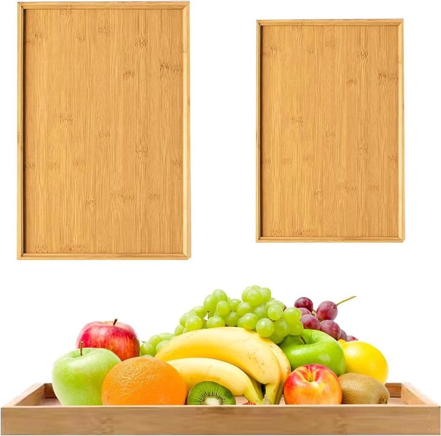 Natuurlijke houten dienbladen set van 2 ontbijt diner lade voor gerechten snacks dessert 28 x 21 cm + 22 x 13 cm