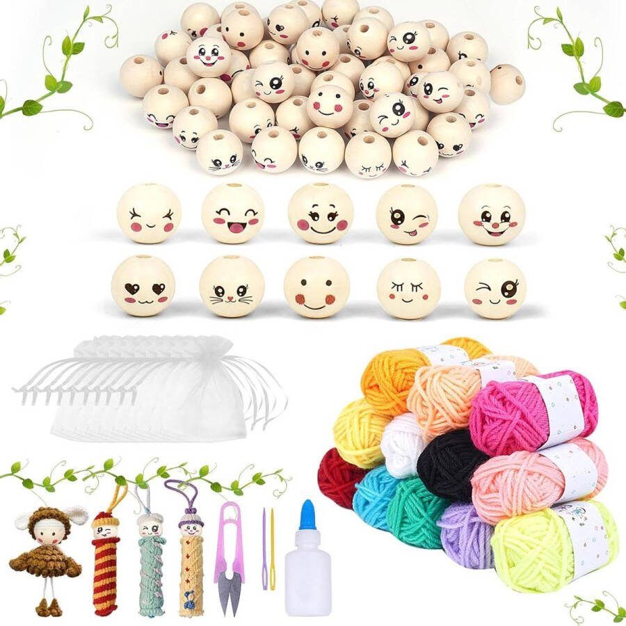 Natuurlijke houten kralen 20 mm ronde houten kralen met gaten Houten kralen met gezicht voor sieraden armbanden Creatieve decoratie 10 stijlen 50 stuks Houten kralen met gezichtjes