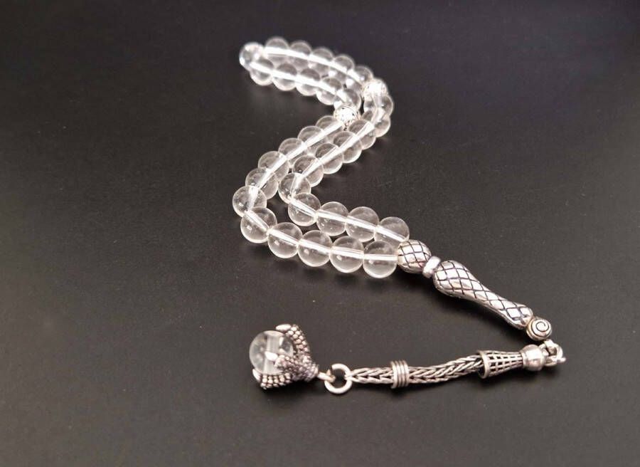 Natuursteen tesbih met Klauw tassel 925 zilver -Bergkristal Aantal kralen 33 Diameter kralen 8MM