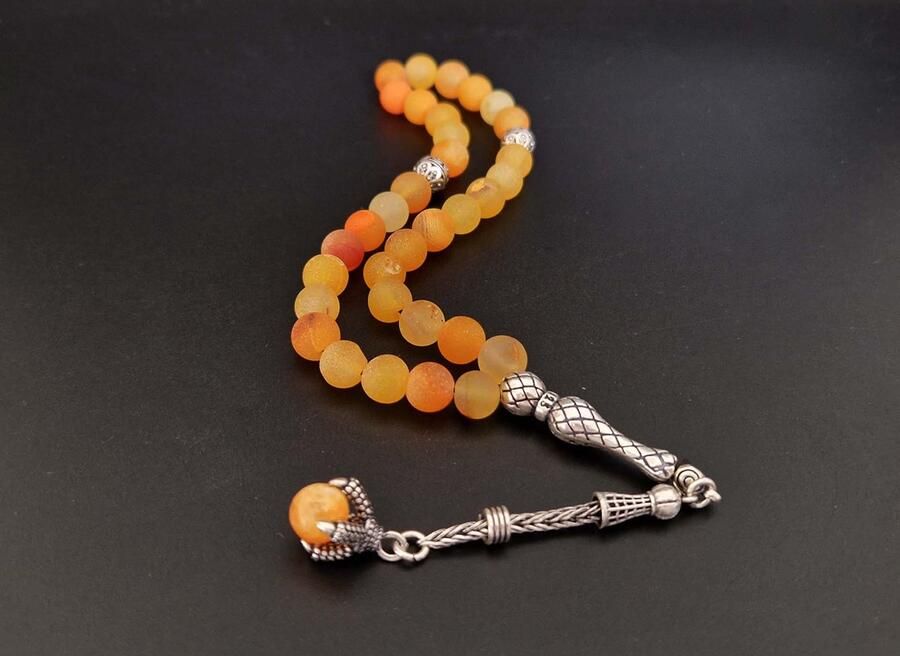 Natuursteen tesbih met Klauw tassel 925 zilver -Oranje frosted agaat Aantal kralen 33 Diameter kralen 8MM