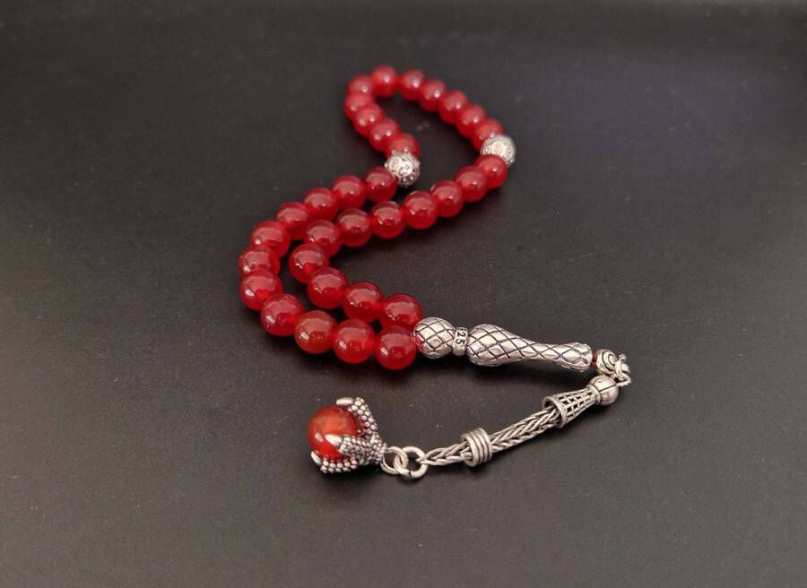 Natuursteen tesbih met Klauw tassel 925 zilver -Rood Agaat Aantal kralen 33 Diameter kralen 8MM