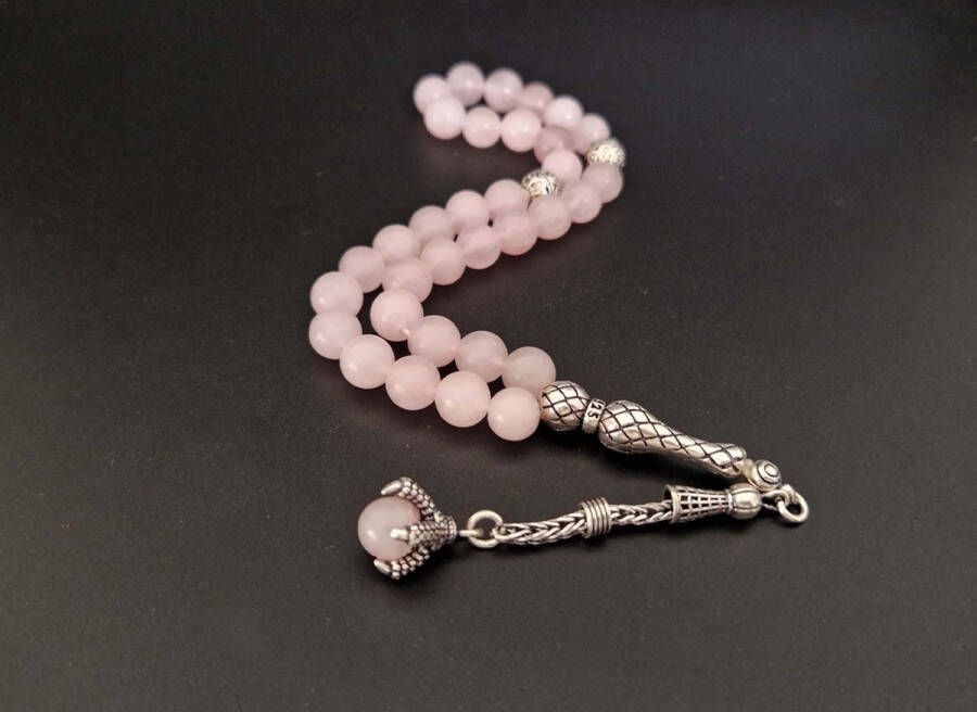 Natuursteen tesbih met Klauw tassel 925 zilver -Roze kwartz Aantal kralen 33 Diameter kralen 8MM